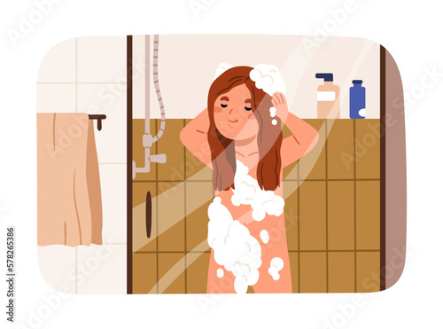 Kid taking shower, standing at bathroom cabin. Cute child washing head, body skin with soap and shampoo foam. Little girl during morning hygiene routine at bath room. Flat vector illustration