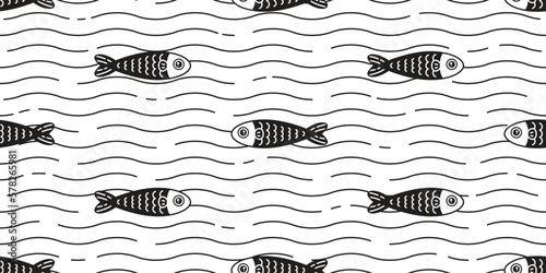 fish Seamless pattern wave vector tuna swimming salmon cartoon pet shark dolphin whale sea ocean gift wrapping paper scarf isolated repeat wallpaper tile background animal illustration doodle design