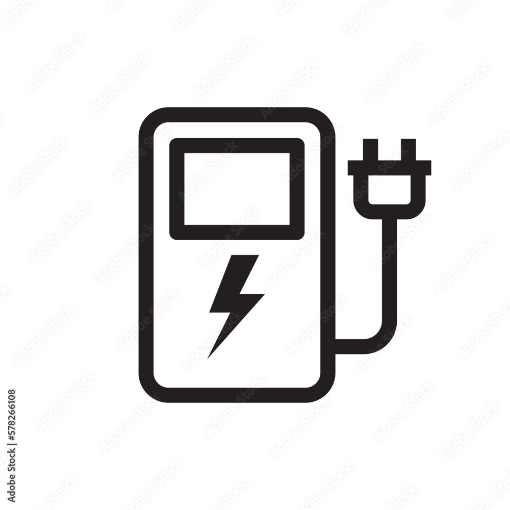 Green eco electric fuel pump icon, Charging point station for hybrid, Linear design, Isolated on white background, Vector illustration Green eco electric fuel pump icon, Charging point station for hybrid, Linear design, Isolated on white background, Vector illustration