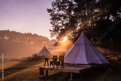 Tent camping in the morning . At Thung Salaeng Luang National Park Phetchabun Province, Thailand