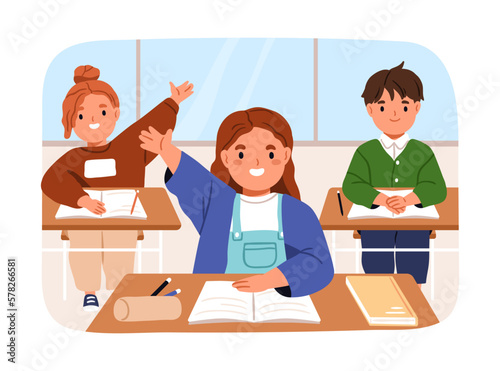 School kids students in class, sitting with hands raised up. Happy cute pupils children in classroom. Elementary children learners, little girls and boy characters at lesson. Flat vector illustration