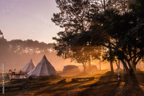 Tent camping in the morning . At Thung Salaeng Luang National Park Phetchabun Province  Thailand