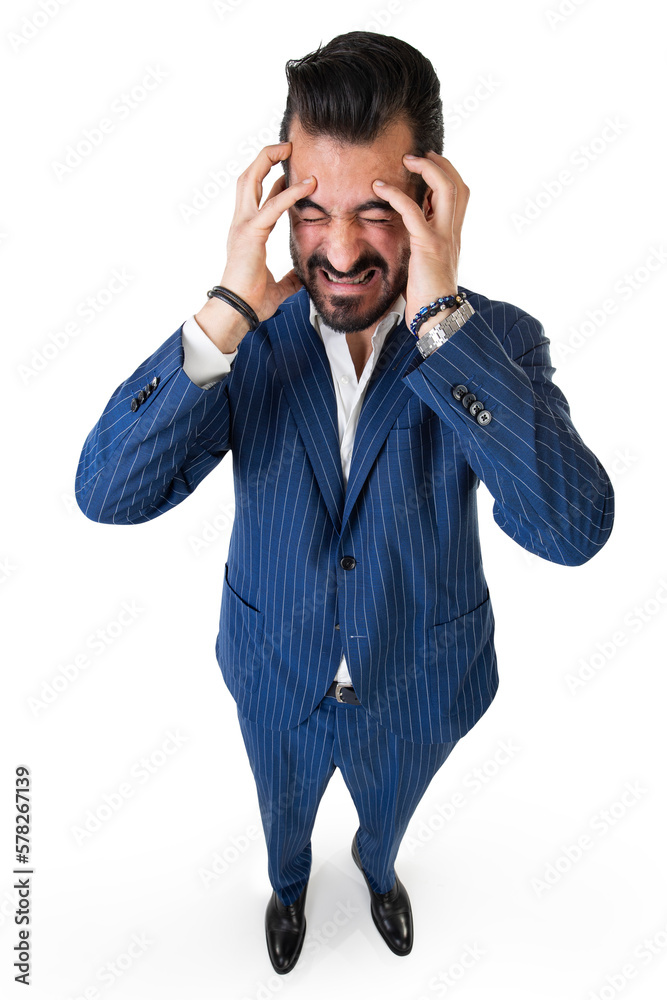panic of a businessman with head in his hands panic of a businessman with head in his hands