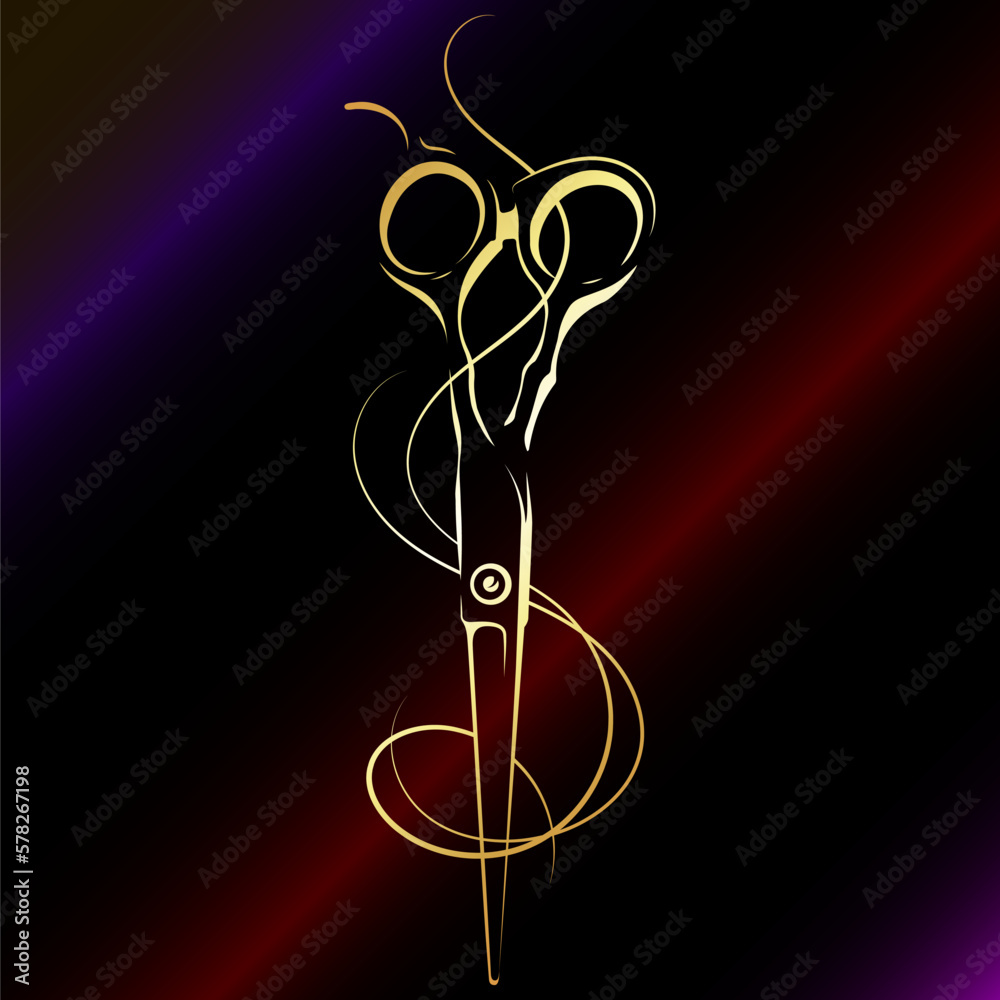 Golden scissors silhouette and beautiful curl of hair. Design for ...