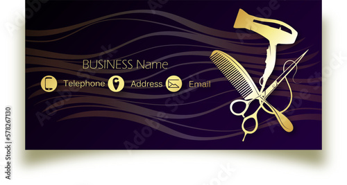 Golden scissors silhouette and beautiful curl of hair. Business card concept for a beauty and hair salon