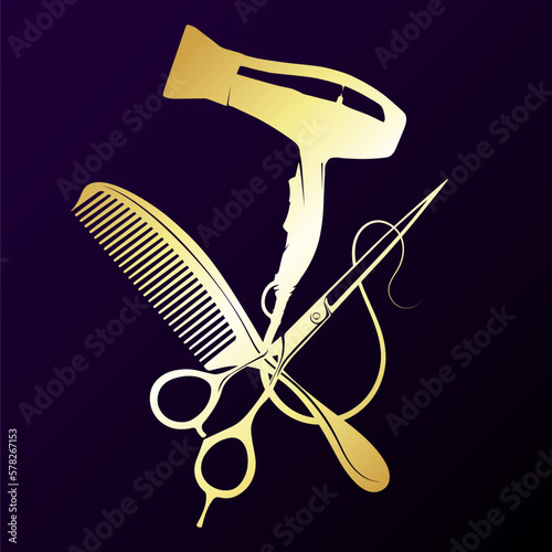 Golden scissors hair dryer and comb. Beauty salon and hairstyle salon elegant symbol