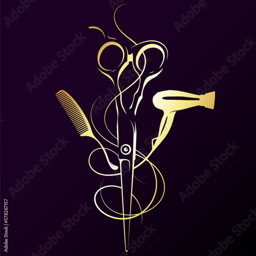 Golden scissors comb and hair dryer. Hair stylist and beauty salon symbol