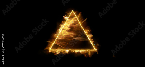Energy geometric triangle on a dark background. Beautiful futuristic swirling smoke. Mockup for titles, product and logo.  Texture for designer background.