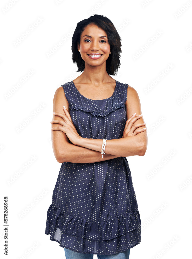 Empowerment, motivation, and positive energy emanate from a proud African or confident black woman standing tall with her arms crossed isolated on a png background. Empowerment, motivation, and positive energy emanate from a proud African or confident black woman standing tall with her arms crossed isolated on a png background.