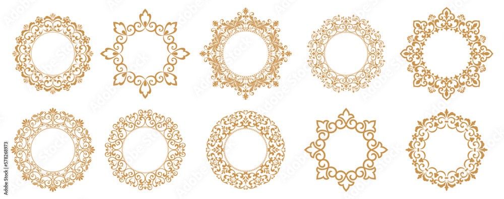 Set of decorative frames Elegant vector element for design in Eastern style, place for text. Floral gold and white borders. Lace illustration for invitations and greeting cards