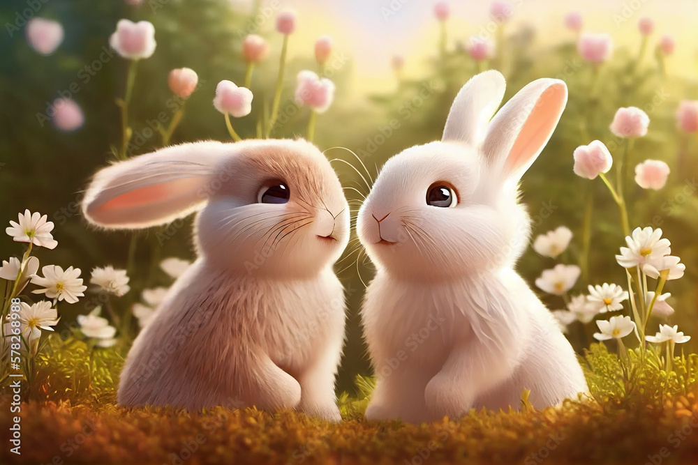 Two fluffy bunny on spring background.  Two Cute cartoon white rabbit on floral background. Generative AI