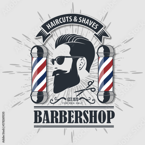 Barbershop logo, poster or banner design concept with barber pole and bearded men. Vector illustration	