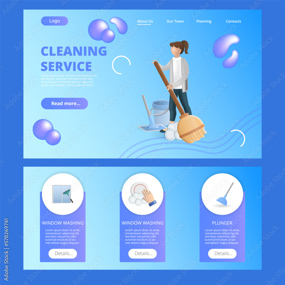 Cleaning service flat landing page website template. Window washing