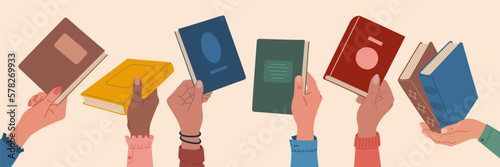 Book exchange or crossing. Human hand holding books. People exchanging, borrowing and recommending literature. Hand drawn vector illustration isolated on light background, trendy flat cartoon style.