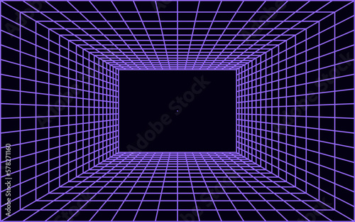 Perspective grid room 3d wireframe background in neon violet color. Vector futuristic digital space background