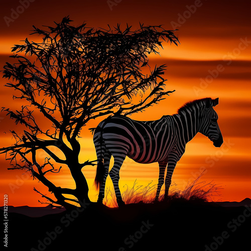 zebra sunset silhouette wild animal safari. Generative AI