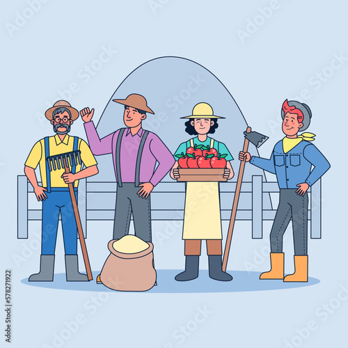 A group of farmers farming, growing vegetables, growing rice, raising animals, and doing mixed farming.