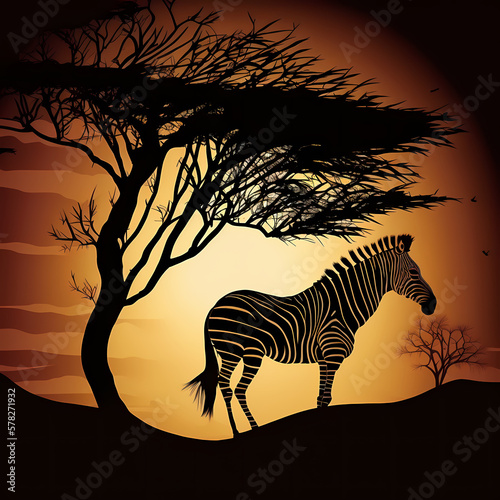 zebra sunset silhouette wild animal safari. Generative AI