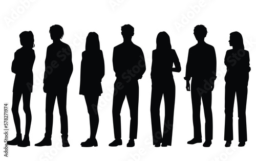 Vector silhouettes of  men and a women, a group of standing  business people, black color isolated on white background