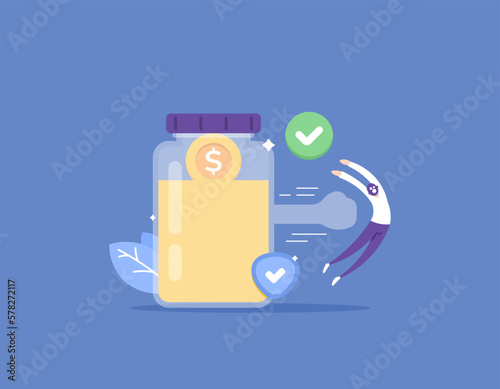 protection and Security System. Money Keeping or safe bank. prevention and protection of acts of theft of money. a thief that beat or expelled by guard jar. illustration concept design. vector element