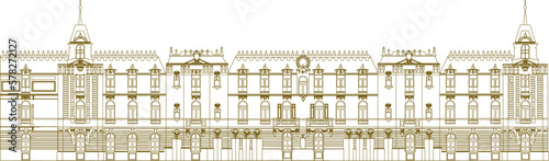 Gold Vector sketch of classic skyscraper multi-storey building background illustration in big city