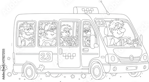 Small minibus with a funny driver and passengers hurrying about their business, black and white vector cartoon illustration for a coloring book