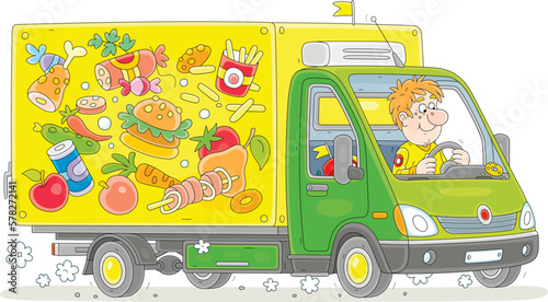 Funny courier driving his colorful express delivery van full of ordered goods to waiting customers, vector cartoon illustration isolated on a white background
