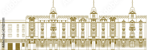 Gold Vector sketch of classic skyscraper multi-storey building background illustration in big city