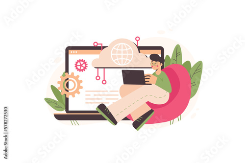 Cloud service concept with people scene in the flat cartoon design. Software worker try to work with the configuration of cloud services. Vector illustration.