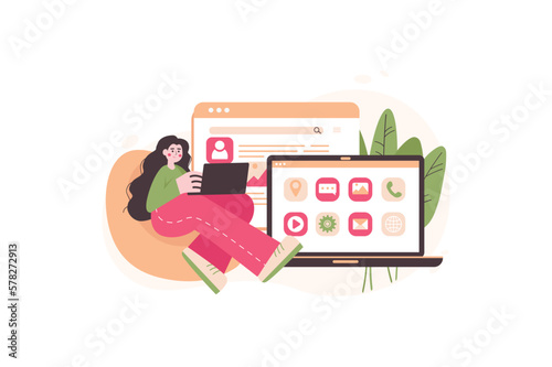 App development concept with people scene in the flat cartoon design. Girl work on creating concept for mobile applications. Vector illustration.