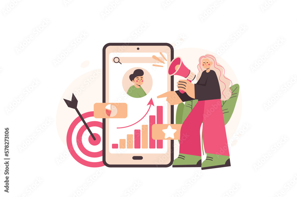 Marketing concept with people scene in the flat cartoon style. Marketer work on advertising of client services on the Internet. Vector illustration. Marketing concept with people scene in the flat cartoon style. Marketer work on advertising of client services on the Internet. Vector illustration.