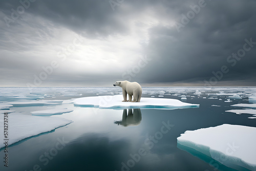 Isolation and Vulnerability in the Arctic: Capturing a Lone Polar Bear on a Melt Fototapet