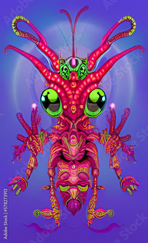 Red fantasy alien bug character standing on two legs. Has green eyes and antennae. Blue background. Generative AI cartoon style illustration.