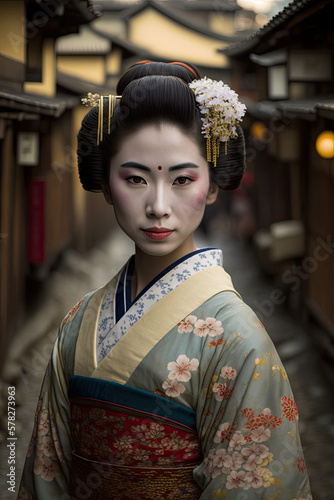 Portrait of a beautiful geisha in front of the old town of Kyoto created using generative AI tools.
