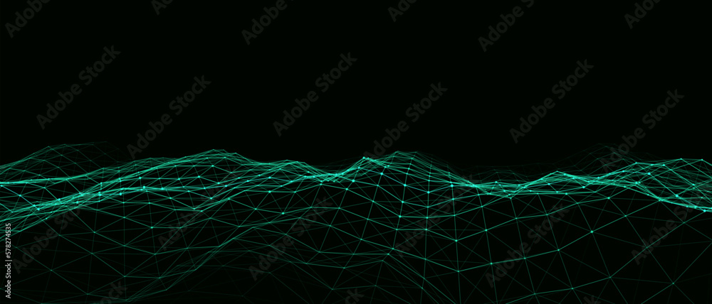 Dynamic wave with connected dots and lines on dark background. Digital ...