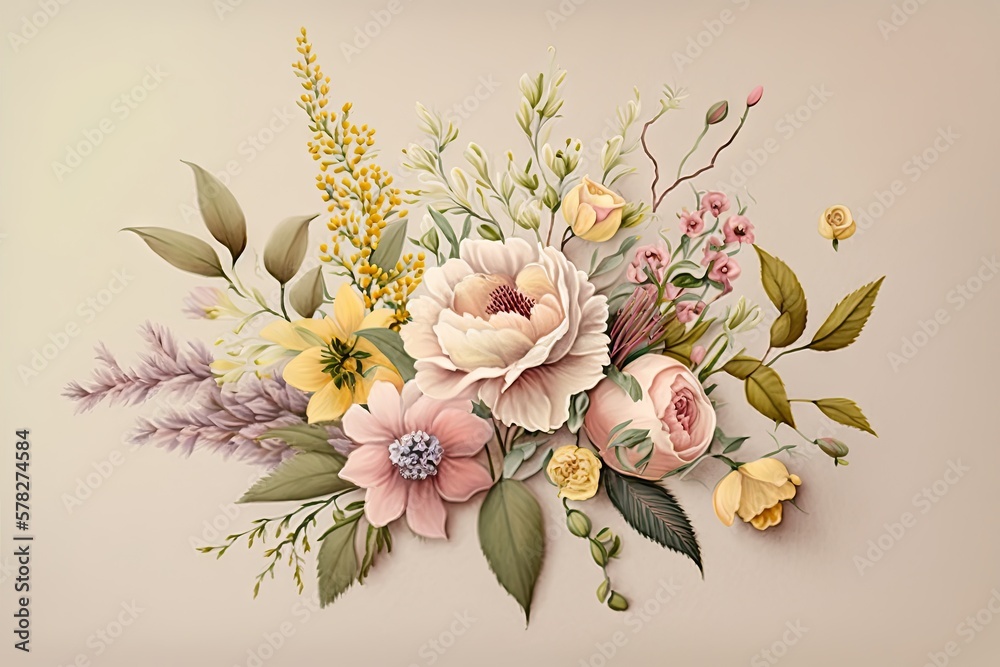 delicate pink and yellow flower bouquet on off-white background with ...
