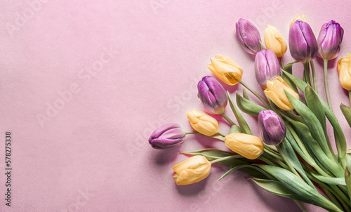 Fototapeta Naklejka Na Ścianę i Meble -  Purple and yellow tulips bunch at pink background, top view, border. Springtime flowers