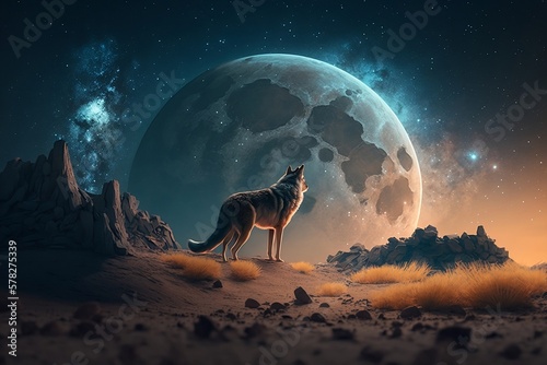 a lonely wolf in long night  moon horizon with stars