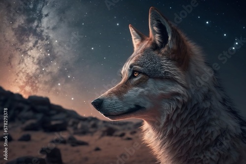 a lonely wolf in long night  moon horizon with stars