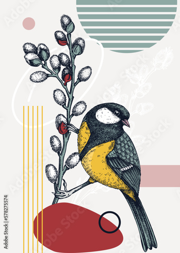 Collage-style bird card. Sketched great tit  trendy poster. Creative designs with bird sketch, botanical illustrations, geometric shapes, and abstract elements for nature print, wall art, packaging.