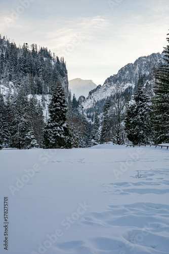 View of the Tatra Mountains in winter from Koscieliska Valley. Sunny weather during a hike in the mountains.