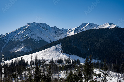 View of the Tatra Mountains in winter from Rusinowa Polana. Sunny weather during a hike in the mountains.