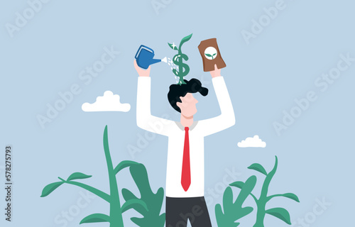 Building growth mindset for personal financial management, developing positive attitude toward money concept, Businessman planting dollar tree on his head.