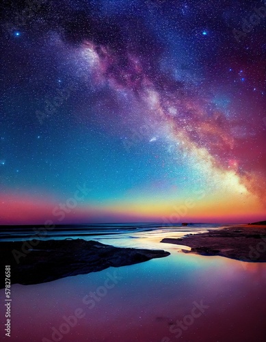 A nebula in the night sky above a beach landscape © Mat