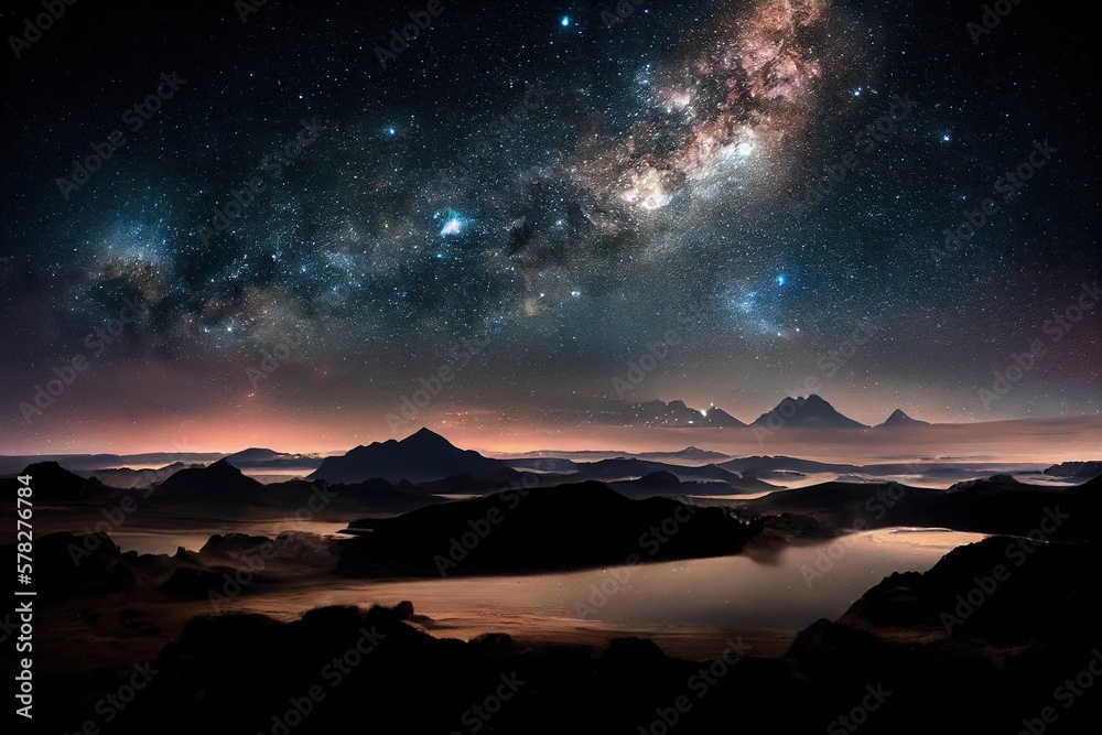 A nebula in the night sky above a mountain landscape
