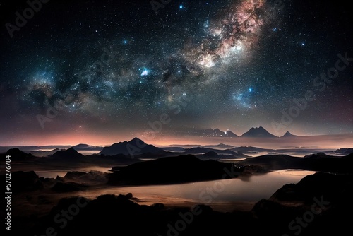 A nebula in the night sky above a mountain landscape