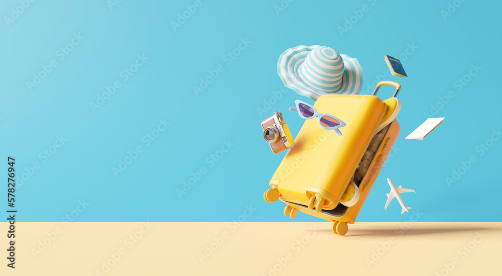 Suitcase with travel accessories on blue background. 3d rendering - obrazy, fototapety, plakaty 