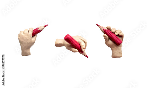 Realistic 3D objects - different hands holding a pencil. Made from plasticine. Cute dough shape.