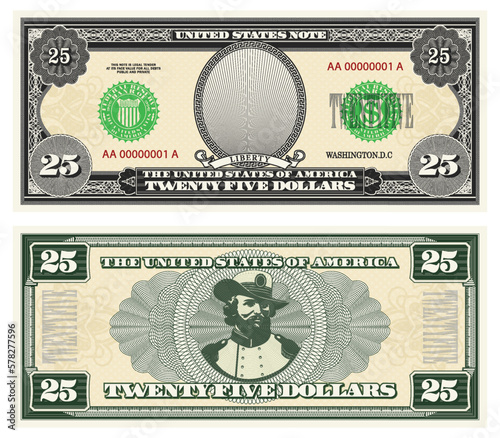 Vector gray banknote obverse and green reverse. Denomination twenty five US dollars. Empty oval, general and guilloche frame. American paper fiction money.
