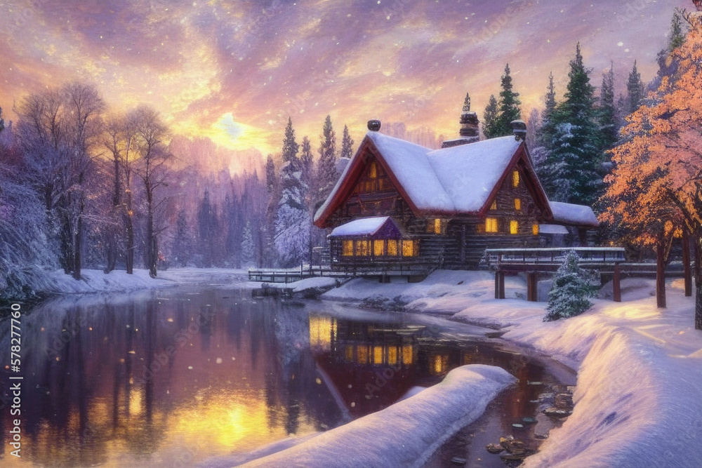 Generative AI, Beautiful dreamy snowy scenery of houses near lakes in the golden hour. Trees covered in snow with atmospheric light with light clouds. Generative AI, Beautiful dreamy snowy scenery of houses near lakes in the golden hour. Trees covered in snow with atmospheric light with light clouds.